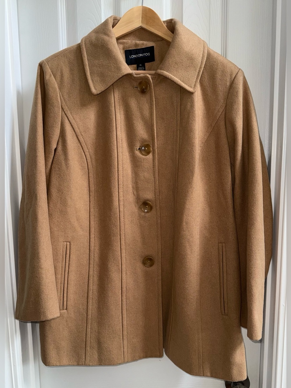 London Fog Camel Mid Length Peacoat Sz XL Wool Blend Warm Chic Single Breast